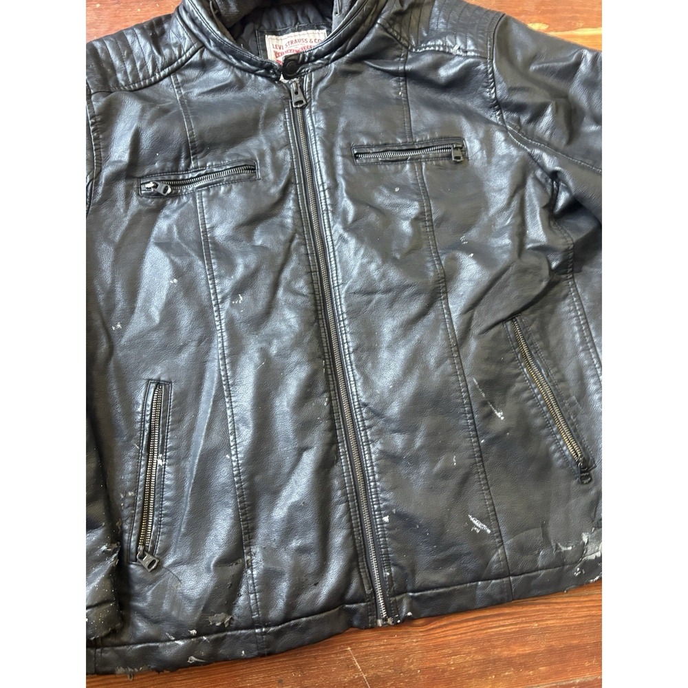 Levi Black Motorcycle Hooded Faux Leather Bomber Racer Trucker Jacket Mens XXL - Picture 2 of 9